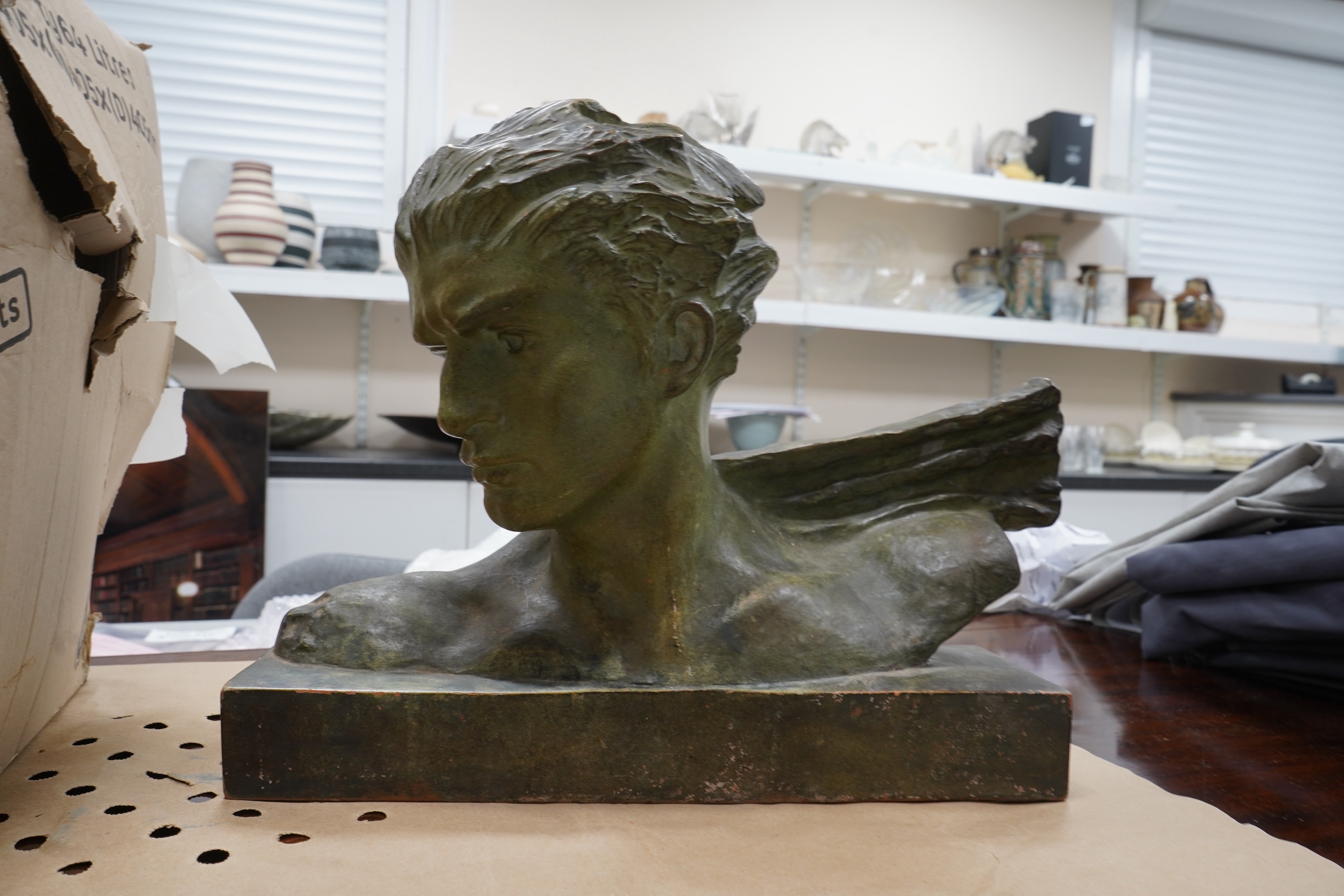 Gauthiot - bronzed terracotta portrait bust, Aviator Mermoz, 46cm wide x 33cm high